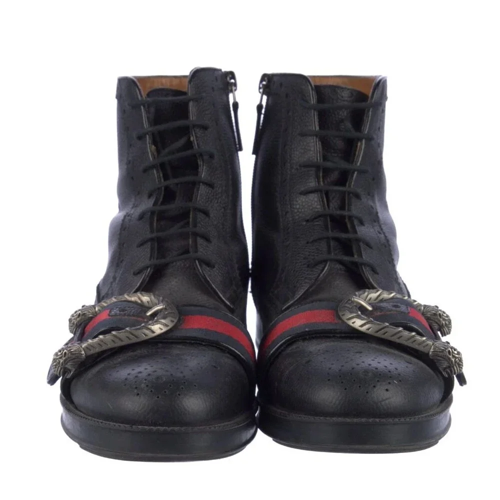 Authentic Gucci Men's Dionysus Horsebit Leather Lace-Up Brogue Combat Boots 7.5
